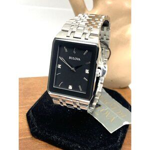 Bulova Men's Watch 96D145 Diamond Black Dial Silver Stainless Steel Quartz CHIP